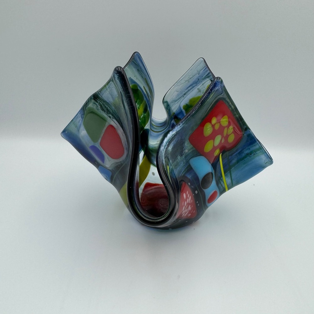 Hand Blown Art Glass Vase Bowl Candy Dish Colorful Abstract Swirl Folded